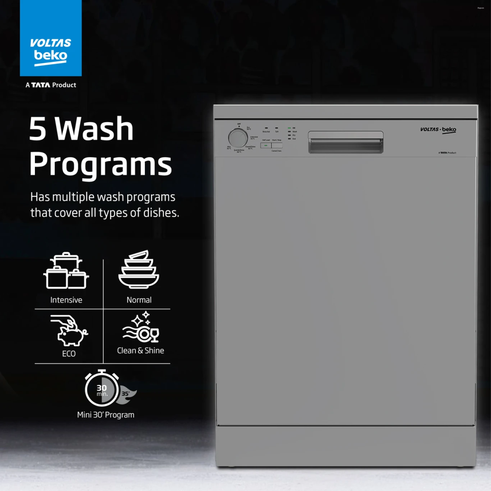 Voltas Beko 14 Place Settings Free Standing Dishwasher with Multiple Wash Programs & Advanced Cleaning Technology (DF14S3)
