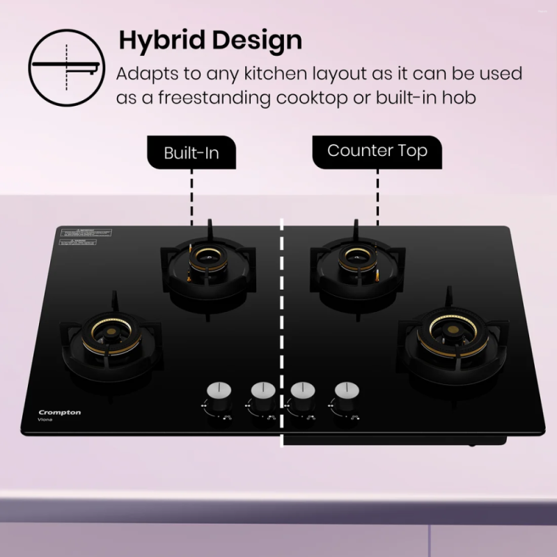Crompton Viona 82cm 4 Burner Built-in Gas Hob with Auto Ignition & Flame Failure Safety (HOB-VNDC824-MBL)