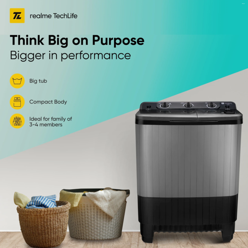 realme TechLife 7.5 Kg Semi Automatic Washing Machine (RMSA755NNNDG/2026)