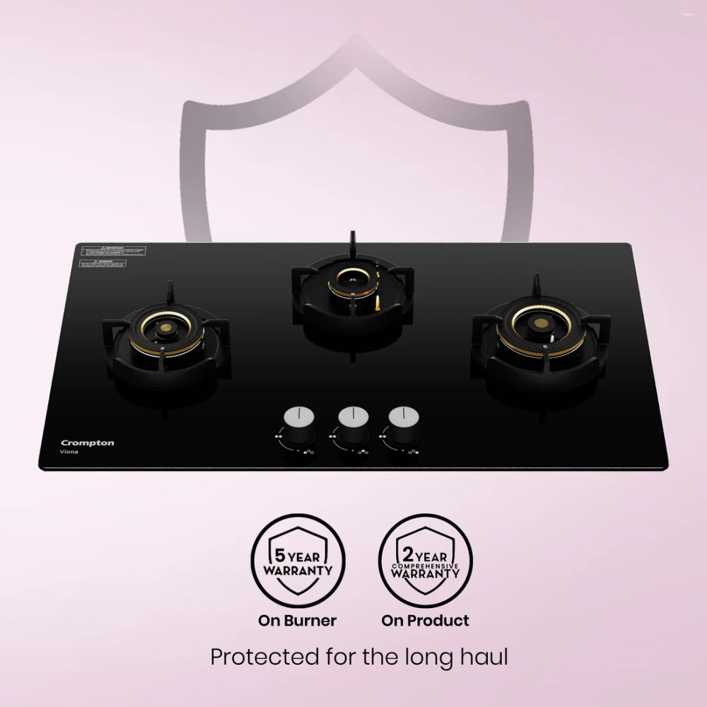 Crompton Viona 78cm 3 Burner Built-in Gas Hob with Auto Ignition & Flame Failure Safety (HOB-VNDC783-MBL)