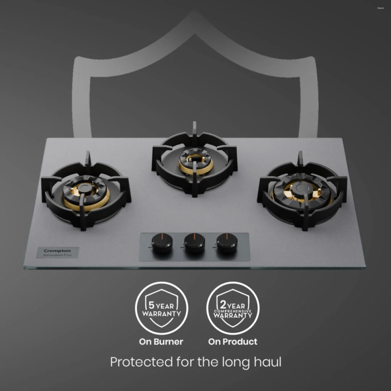 Crompton SensoSafe Plus 78cm 3 Burner Built-in Gas Hob with Full Brass 3D Burners, Auto Ignition & Flame Failure Safety (HOB-SSFB783SP-MBU)