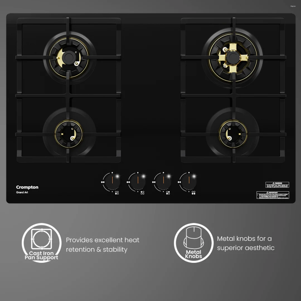 Crompton GrandArt 80cm 4 Burner Built-in Gas Hob with Full Brass 3D Burners & Flame Failure Safety (HOB-GAFB804-MBL)