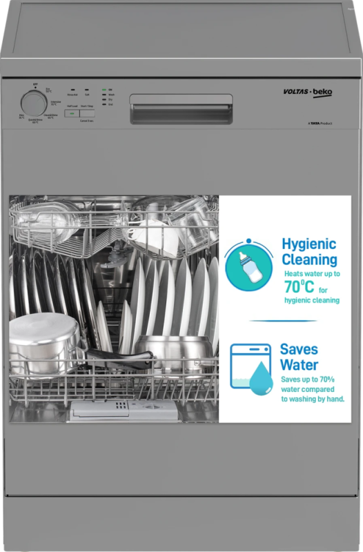 Voltas Beko 14 Place Settings Free Standing Dishwasher with Multiple Wash Programs & Advanced Cleaning Technology (DF14S3)