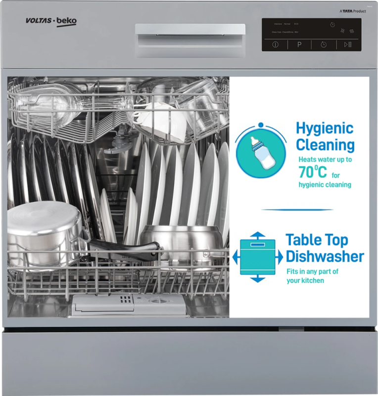 Voltas Beko 8 Place Settings Free Standing Dishwasher with Multiple Wash Programs & Advanced Cleaning Technology (DT8S)