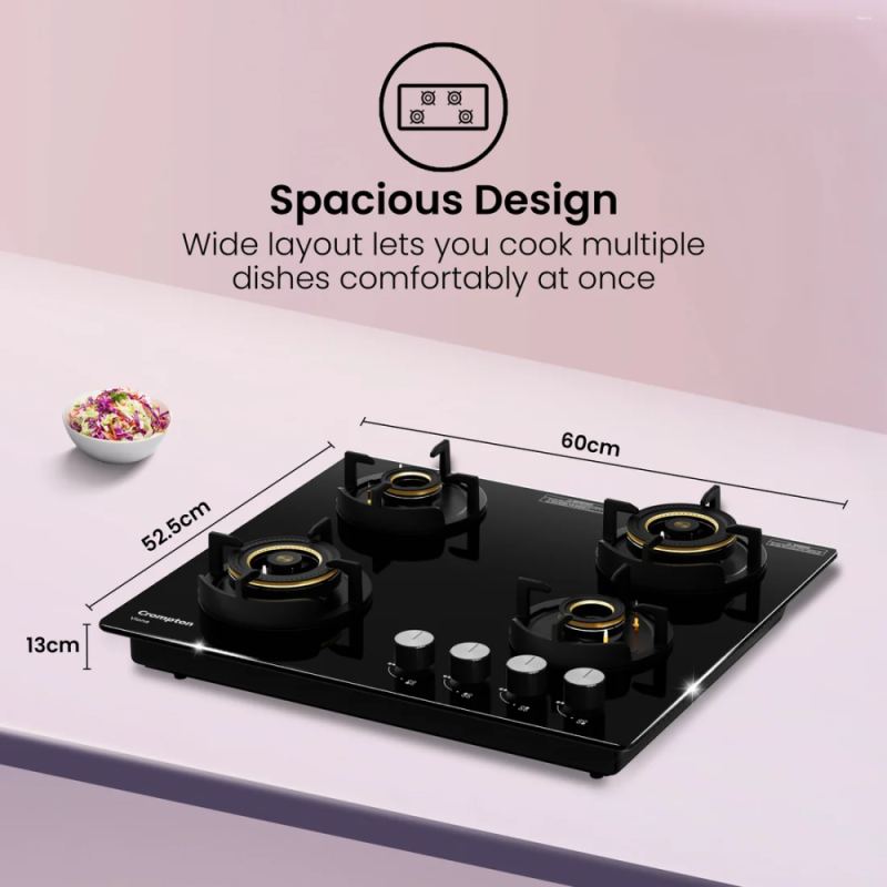Crompton Viona 60cm 4 Burner Built-in Gas Hob with Auto Ignition & Flame Failure Safety (HOB-VNDC604-MBL)