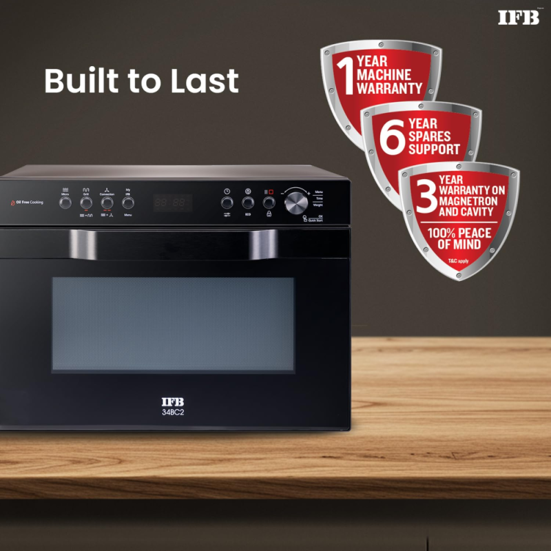 IFB 34 L, Multi-Stage Cooking Grill & Convection Microwave with Air Fry, 10 Power Levels, Intelligent Cooling System, Fermentation mode, 151 Auto Cook Menus, Weight Defrost, Auto Reheat (34BC2, Black)